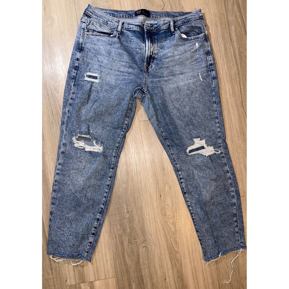 Gap Denim Girlfriend Jeans Womens 16/33 Acid Wash Distressed Ripped Raw Hem Blue